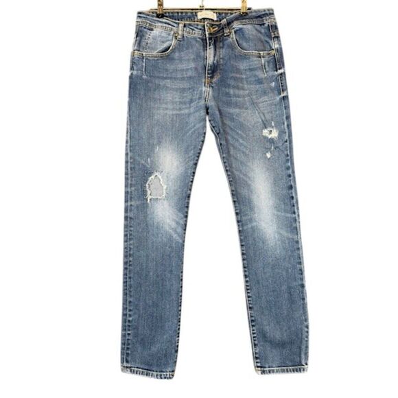 ZARA Man Denim Collection Topstitched Distressed Slim Medium Wash Size 31 x 28